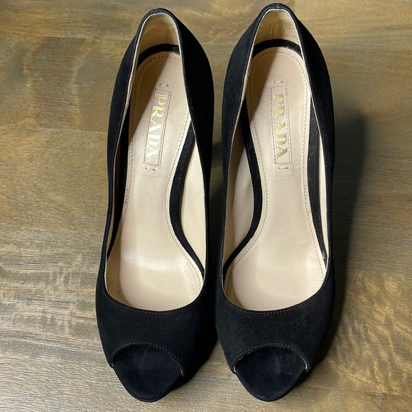 PRADA Black Suede Open Peep Toe Platform High Heel Pumps - Picture 2 of 16